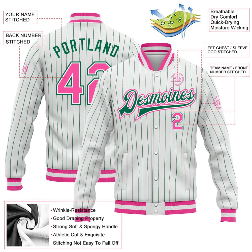Custom White Kelly Green Pinstripe Pink Kelly Green Bomber Full Snap Baseball Jacket, Custom Team Jacket Custom White Kelly Green Pinstripe Pink Kelly Green Bomber Full Snap Baseball Jacket, Custom Team Jacket