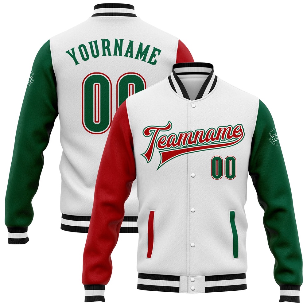 Custom White Kelly Green Red Bomber Full Snap Varsity Baseball Jacket, Custom Team Jacket