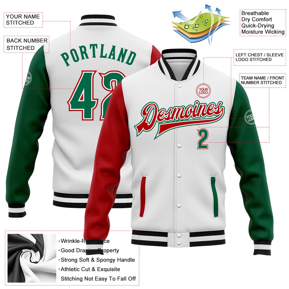 Custom White Kelly Green Red Bomber Full Snap Varsity Baseball Jacket, Custom Team Jacket