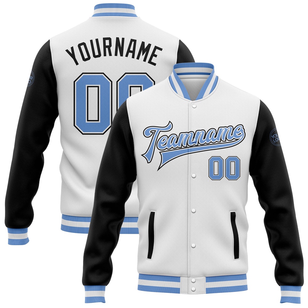 Custom White Light Blue Black Bomber Full Snap Varsity Baseball Jacket, Custom Team Jacket