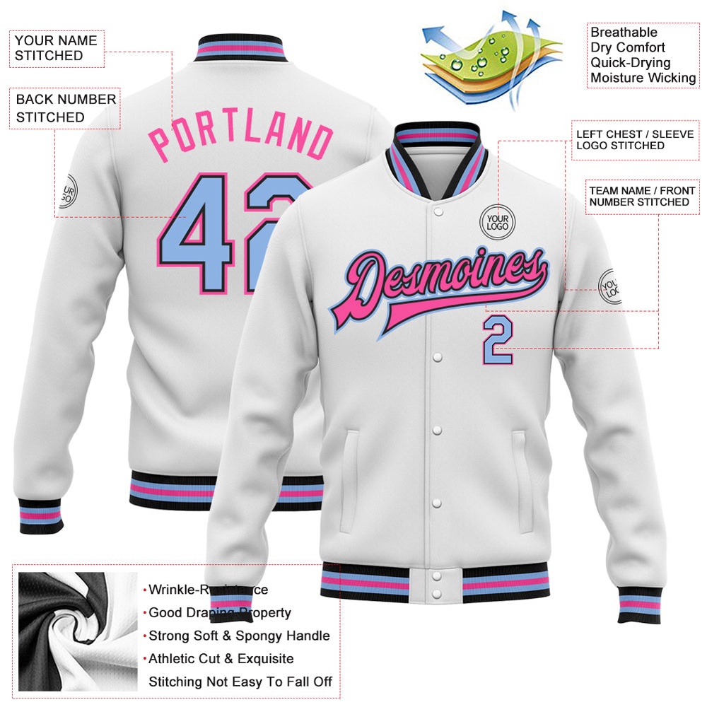 Custom White Light Blue Black Pink Bomber Full Snap Baseball Jacket, Custom Team Jacket Custom White Light Blue Black Pink Bomber Full Snap Baseball Jacket, Custom Team Jacket