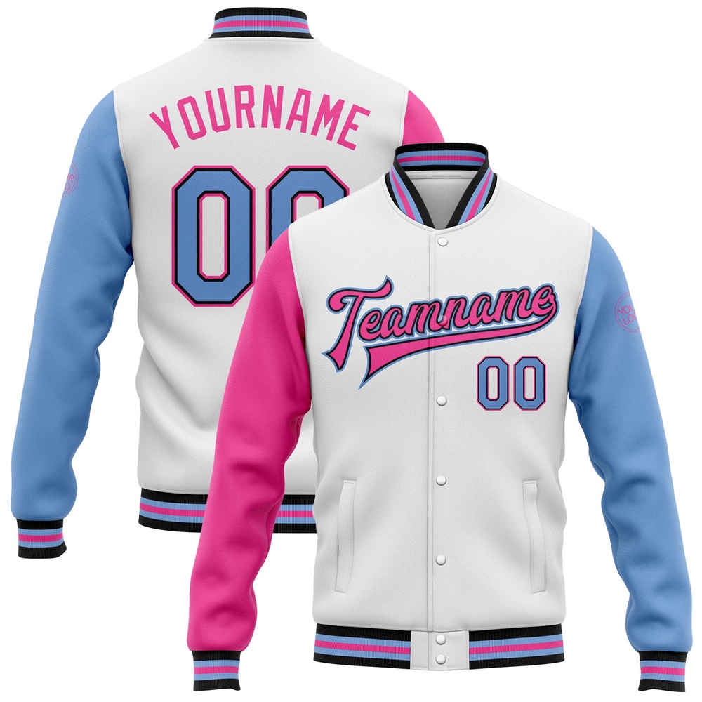 Custom White Light Blue Black Pink Bomber Full Snap Varsity Baseball Jacket, Custom Team Jacket