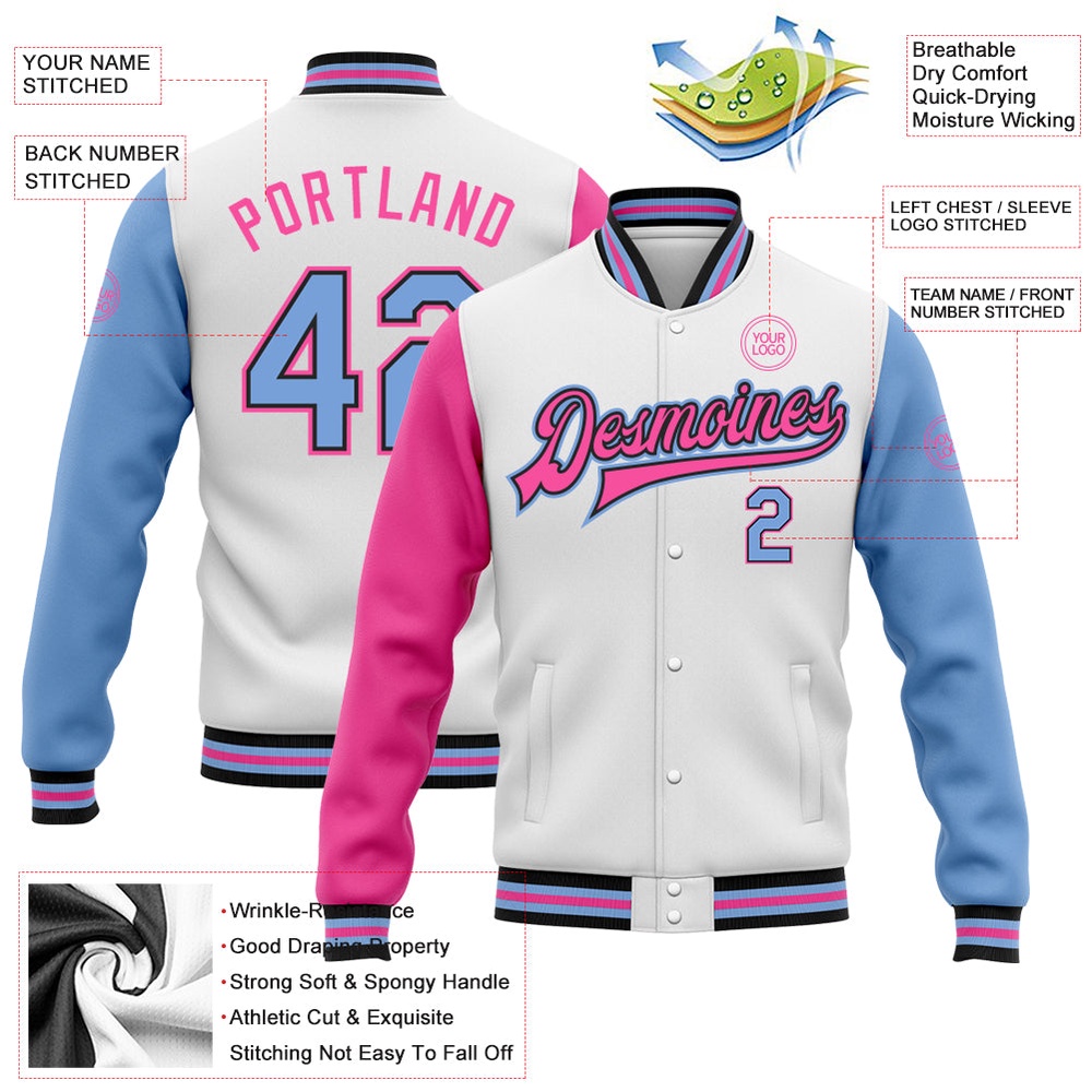Custom White Light Blue Black Pink Bomber Full Snap Varsity Baseball Jacket, Custom Team Jacket