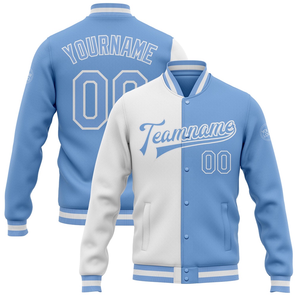 Custom White Light Blue Bomber Full Snap Varsity Letterman Split Fashion Jacket, Custom Team Jacket