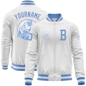 Custom White Light Blue Bomber Varsity Baseball…