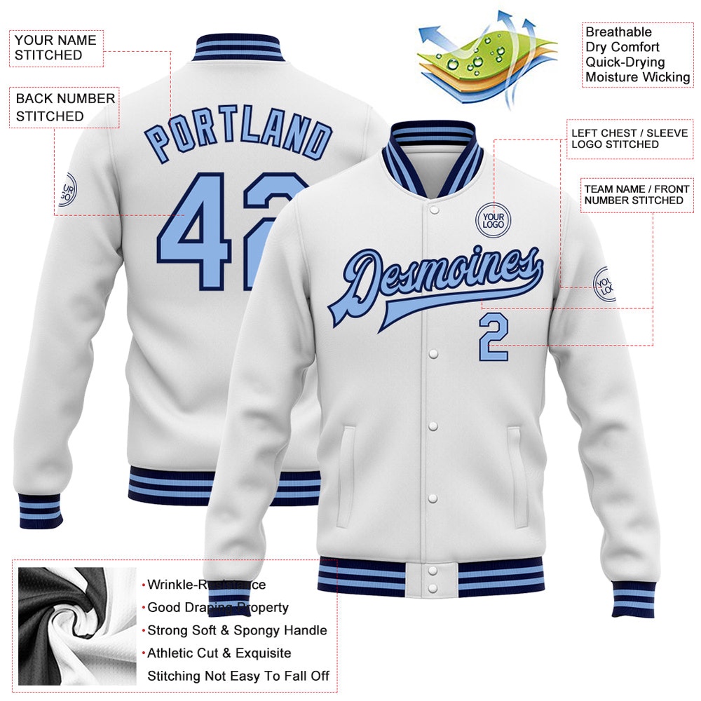 Custom White Light Blue Navy Bomber Full Snap Baseball Jacket, Custom Team Jacket