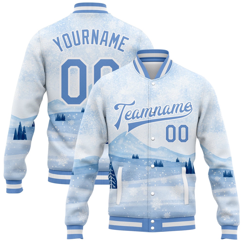 Custom White Light Blue Watercolor Winter Snow Landscape 3D Pattern Design Bomber Full Snap Baseball Jacket, Custom Team Jacket Custom White Light Blue Watercolor Winter Snow Landscape 3D Pattern Design Bomber Full Snap Baseball Jacket, Custom Team Jacket