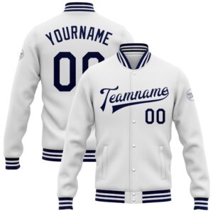 Custom White Navy Bomber Full Snap Baseball…