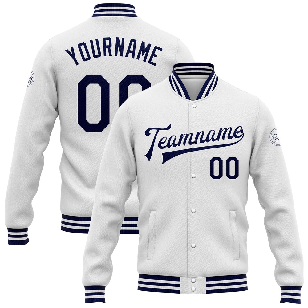 Custom White Navy Bomber Full Snap Baseball Jacket, Custom Team Jacket