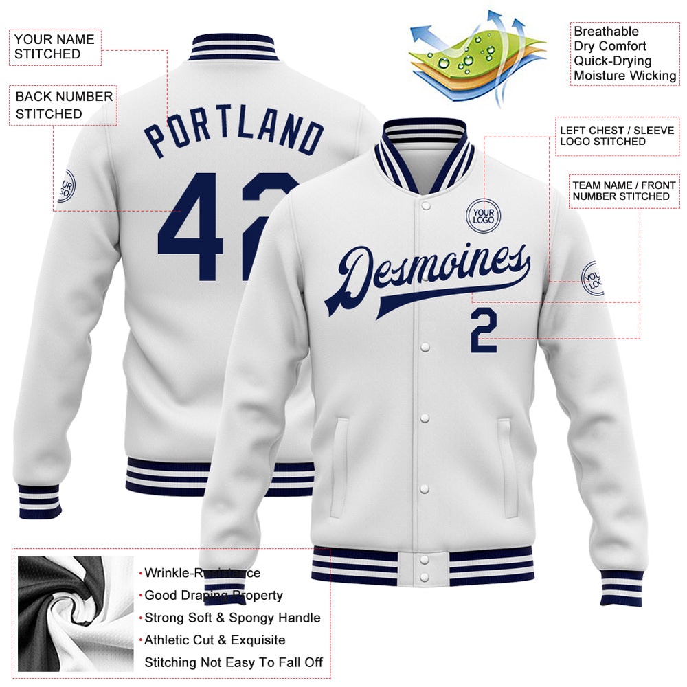 Custom White Navy Bomber Full Snap Baseball Jacket, Custom Team Jacket