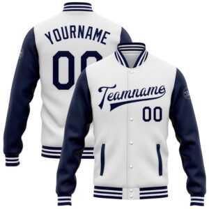 Custom White Navy Bomber Full Snap Varsity…