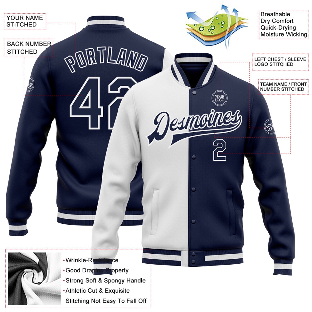 Custom White Navy Bomber Full Snap Varsity Letterman Split Fashion Jacket, Custom Team Jacket
