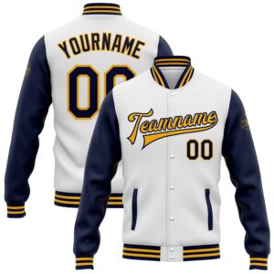 Custom White Navy Gold Bomber Full Snap…
