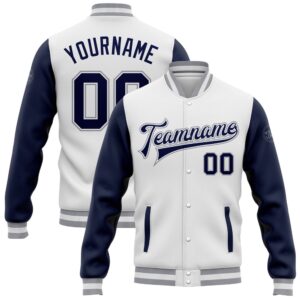 Custom White Navy Gray Bomber Full Snap…