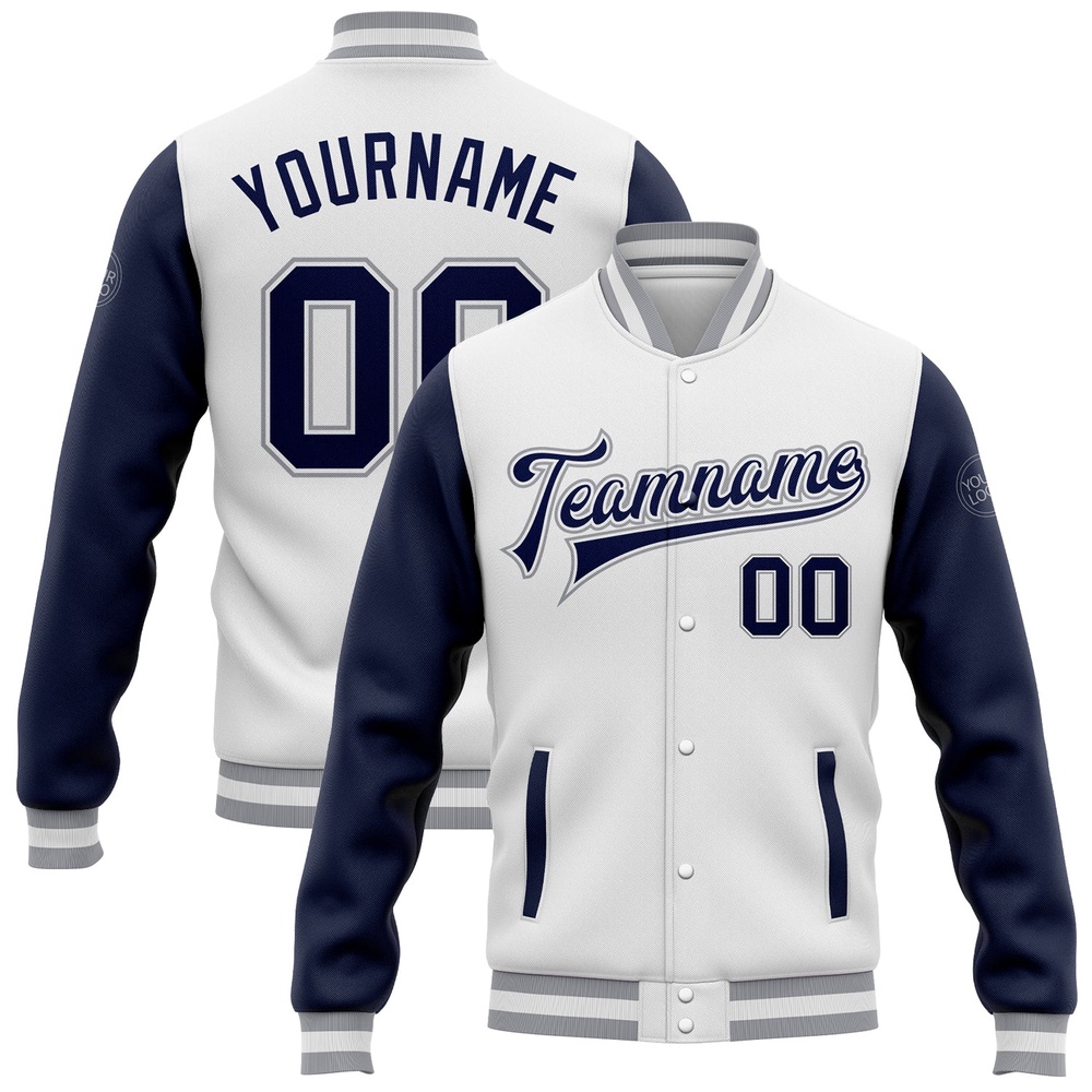 Custom White Navy Gray Bomber Full Snap Varsity Baseball Jacket, Custom Team Jacket Custom White Navy Gray Bomber Full Snap Varsity Baseball Jacket, Custom Team Jacket