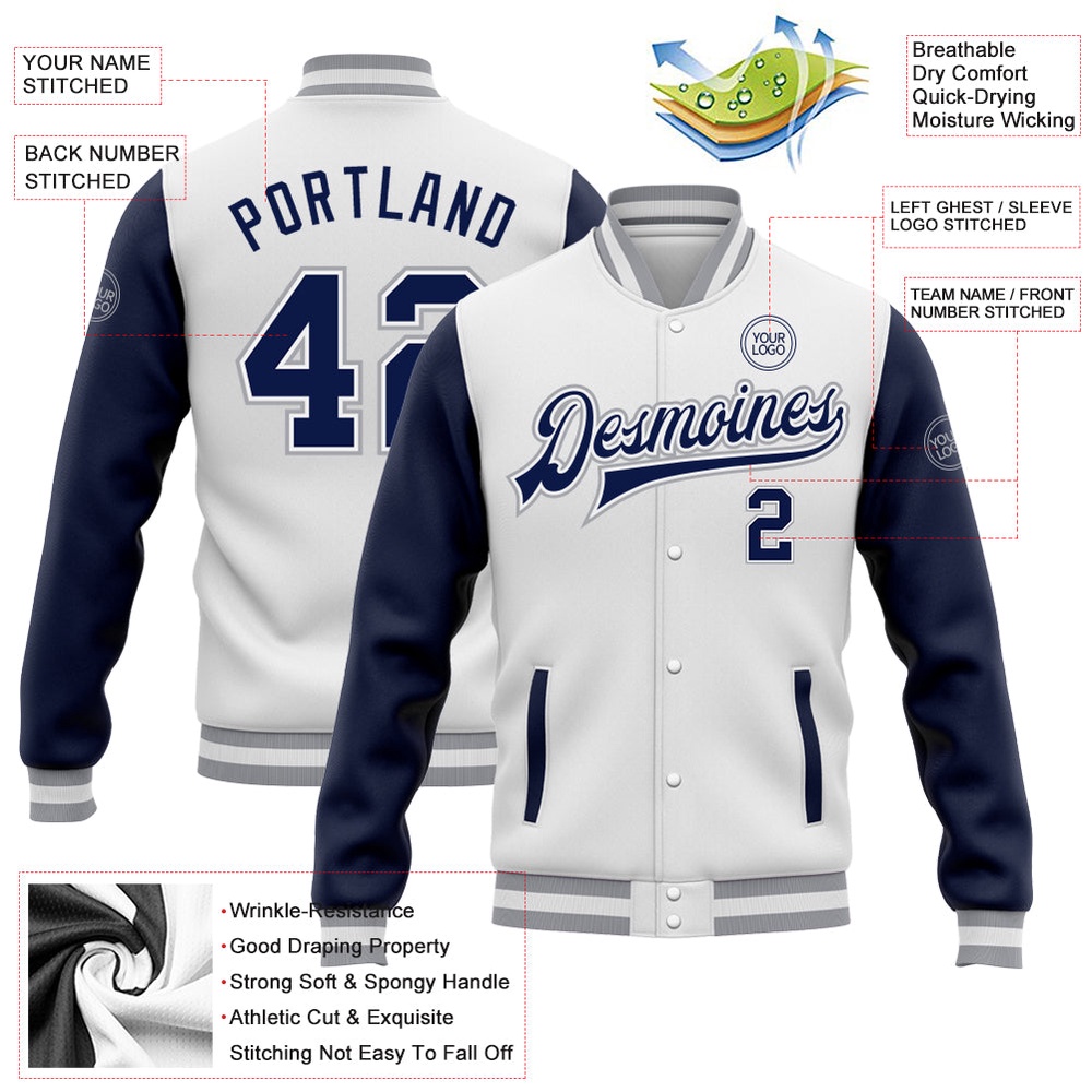 Custom White Navy Gray Bomber Full Snap Varsity Baseball Jacket, Custom Team Jacket Custom White Navy Gray Bomber Full Snap Varsity Baseball Jacket, Custom Team Jacket