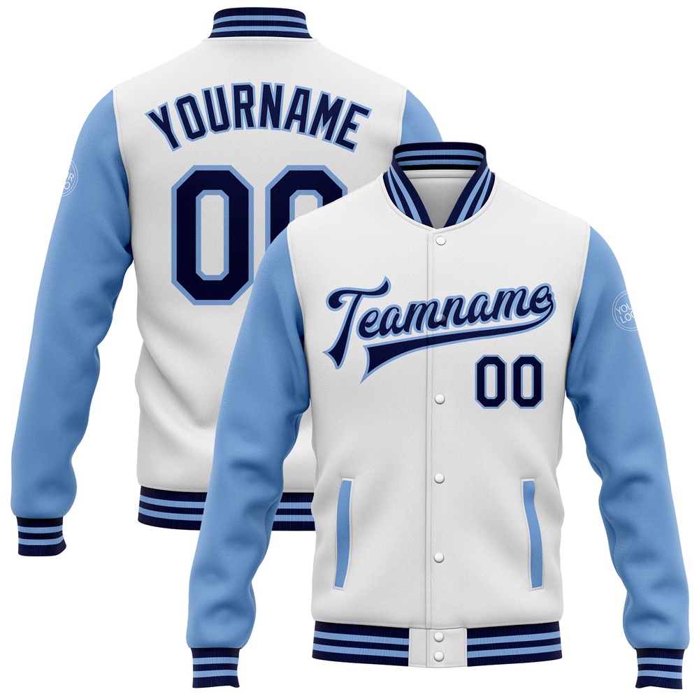 Custom White Navy Light Blue Bomber Full Snap Varsity Baseball Jacket, Custom Team Jacket Custom White Navy Light Blue Bomber Full Snap Varsity Baseball Jacket, Custom Team Jacket