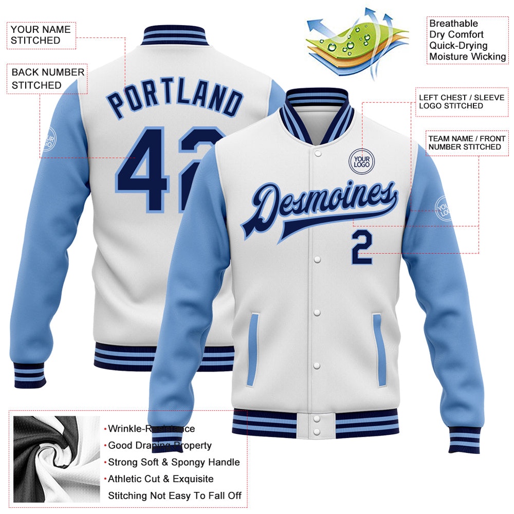 Custom White Navy Light Blue Bomber Full Snap Varsity Baseball Jacket, Custom Team Jacket Custom White Navy Light Blue Bomber Full Snap Varsity Baseball Jacket, Custom Team Jacket