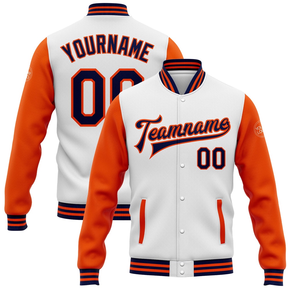 Custom White Navy Orange Bomber Full Snap Varsity Baseball Jacket, Custom Team Jacket Custom White Navy Orange Bomber Full Snap Varsity Baseball Jacket, Custom Team Jacket