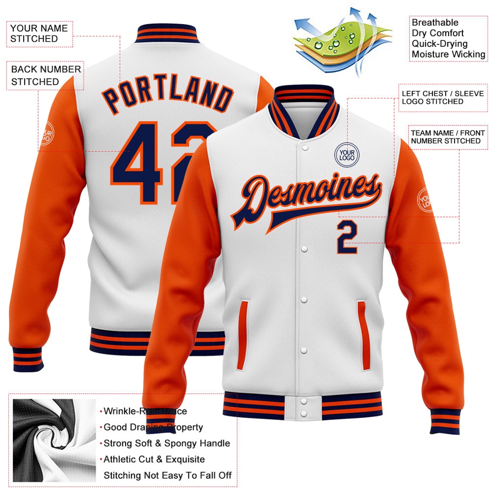 Custom White Navy Orange Bomber Full Snap Varsity Baseball Jacket, Custom Team Jacket Custom White Navy Orange Bomber Full Snap Varsity Baseball Jacket, Custom Team Jacket