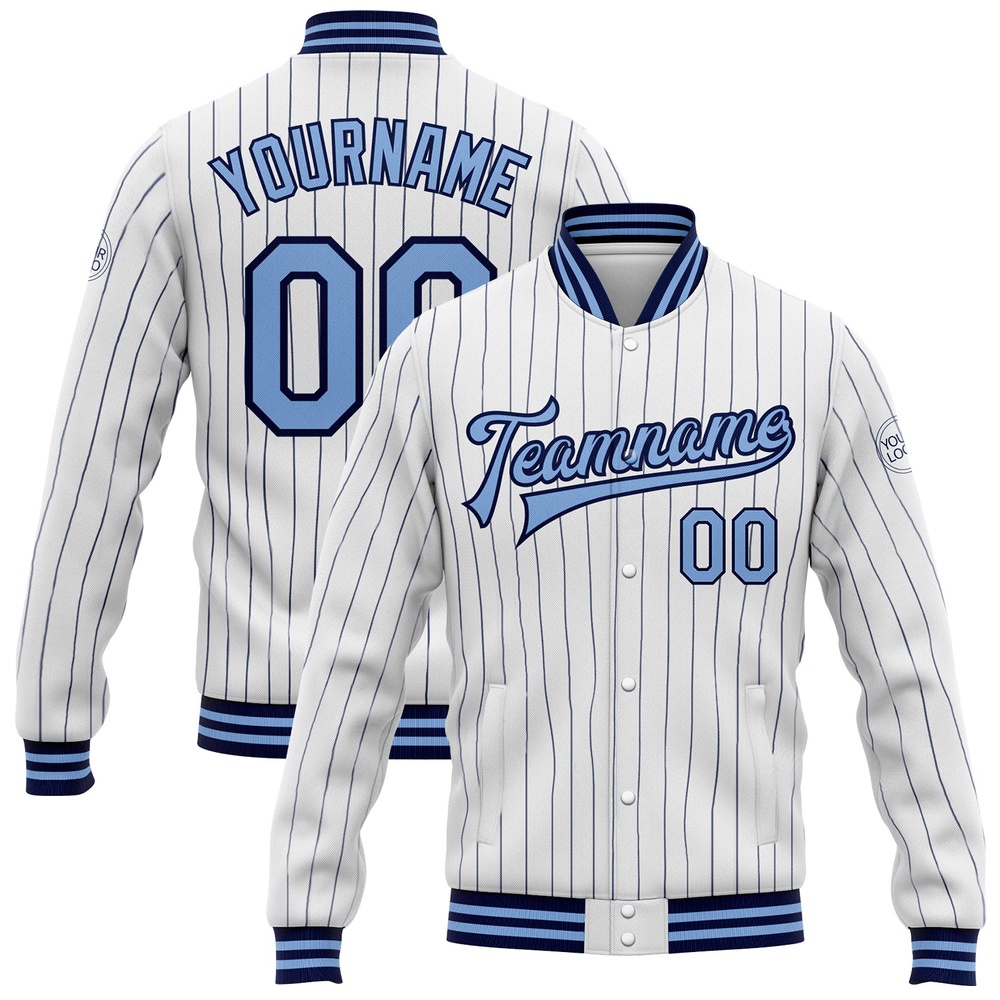 Custom White Navy Pinstripe Light Blue Bomber Full Snap Baseball Jacket, Custom Team Jacket Custom White Navy Pinstripe Light Blue Bomber Full Snap Baseball Jacket, Custom Team Jacket