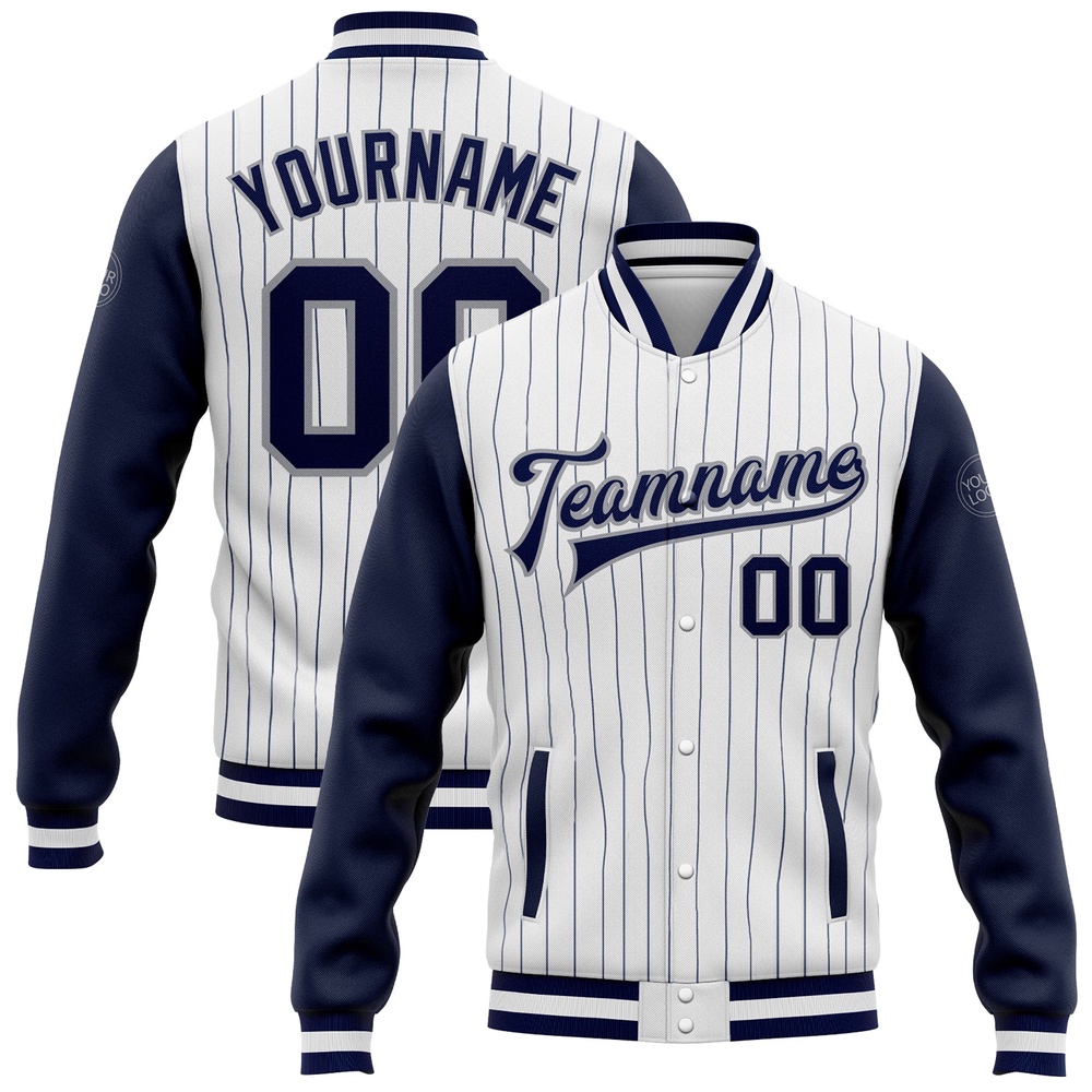Custom White Navy Pinstripe Navy Gray Bomber Full Snap Varsity Baseball Jacket, Custom Team Jacket Custom White Navy Pinstripe Navy Gray Bomber Full Snap Varsity Baseball Jacket, Custom Team Jacket