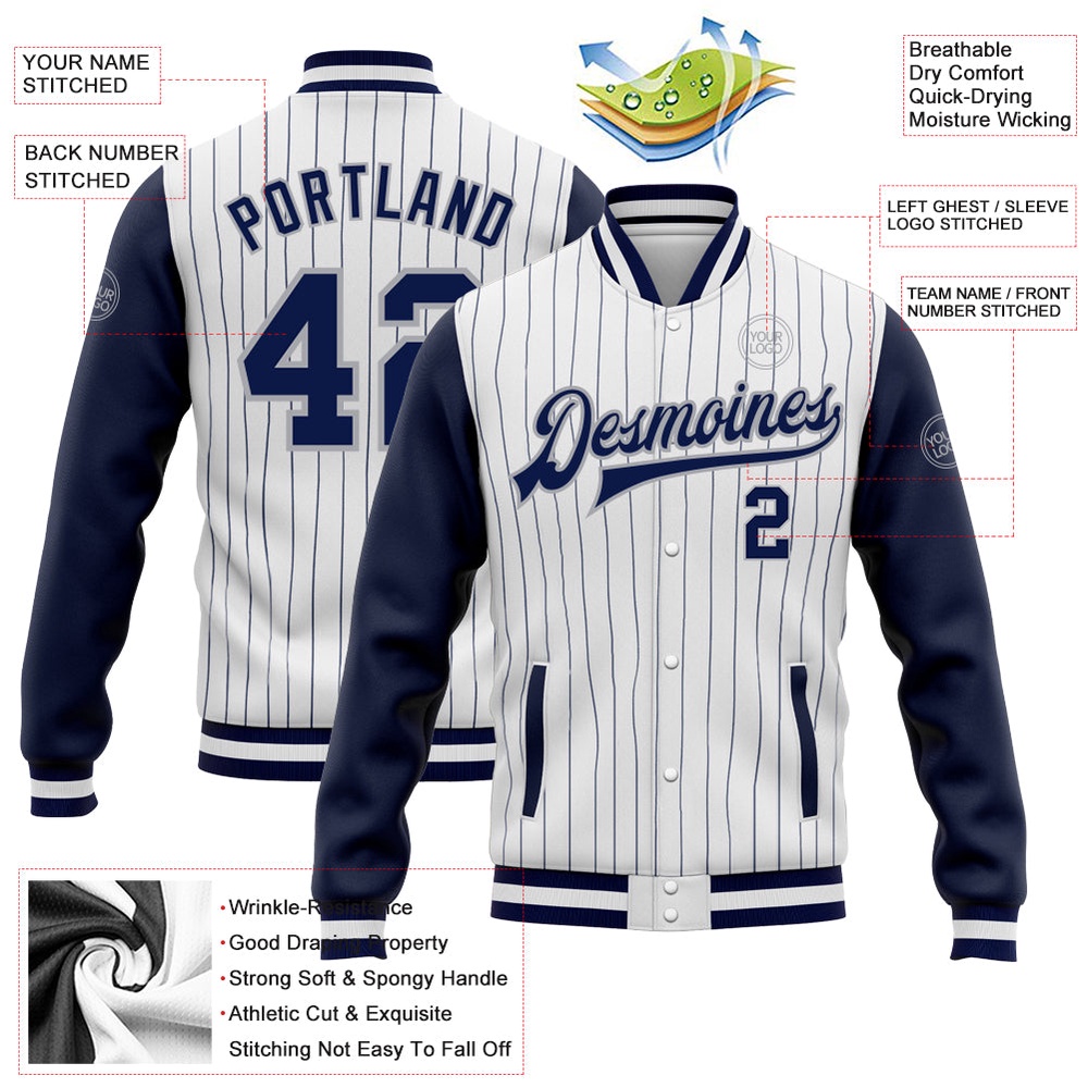 Custom White Navy Pinstripe Navy Gray Bomber Full Snap Varsity Baseball Jacket, Custom Team Jacket Custom White Navy Pinstripe Navy Gray Bomber Full Snap Varsity Baseball Jacket, Custom Team Jacket
