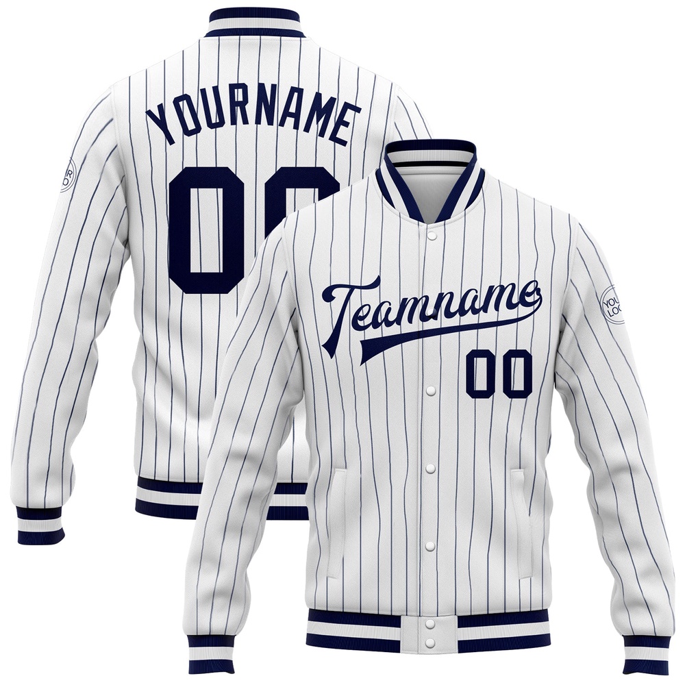 Custom White Navy Pinstripe Navy White Bomber Full Snap Baseball Jacket, Custom Team Jacket Custom White Navy Pinstripe Navy White Bomber Full Snap Baseball Jacket, Custom Team Jacket