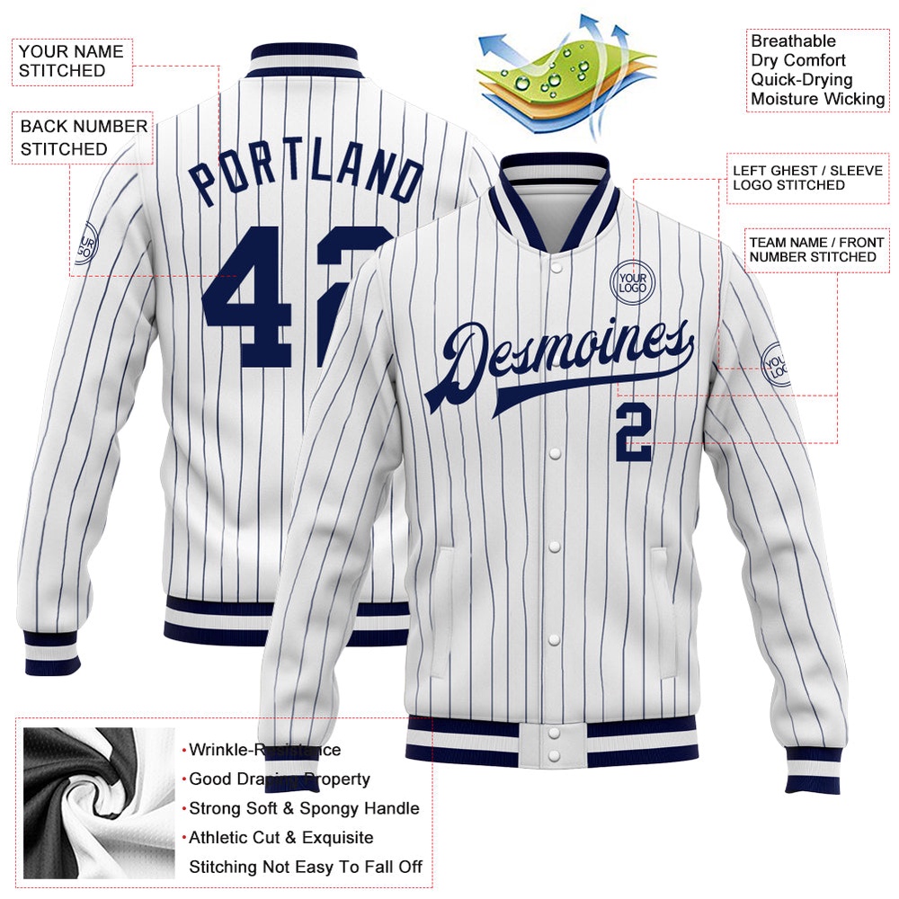 Custom White Navy Pinstripe Navy White Bomber Full Snap Baseball Jacket, Custom Team Jacket Custom White Navy Pinstripe Navy White Bomber Full Snap Baseball Jacket, Custom Team Jacket