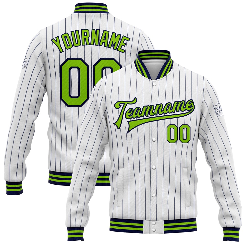 Custom White Navy Pinstripe Neon Green Bomber Full Snap Baseball Jacket, Custom Team Jacket Custom White Navy Pinstripe Neon Green Bomber Full Snap Baseball Jacket, Custom Team Jacket