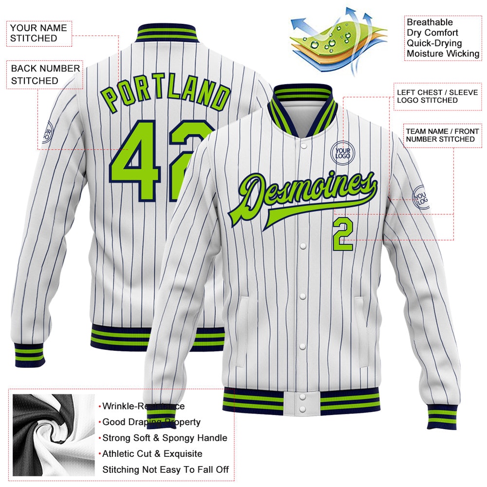 Custom White Navy Pinstripe Neon Green Bomber Full Snap Baseball Jacket, Custom Team Jacket Custom White Navy Pinstripe Neon Green Bomber Full Snap Baseball Jacket, Custom Team Jacket