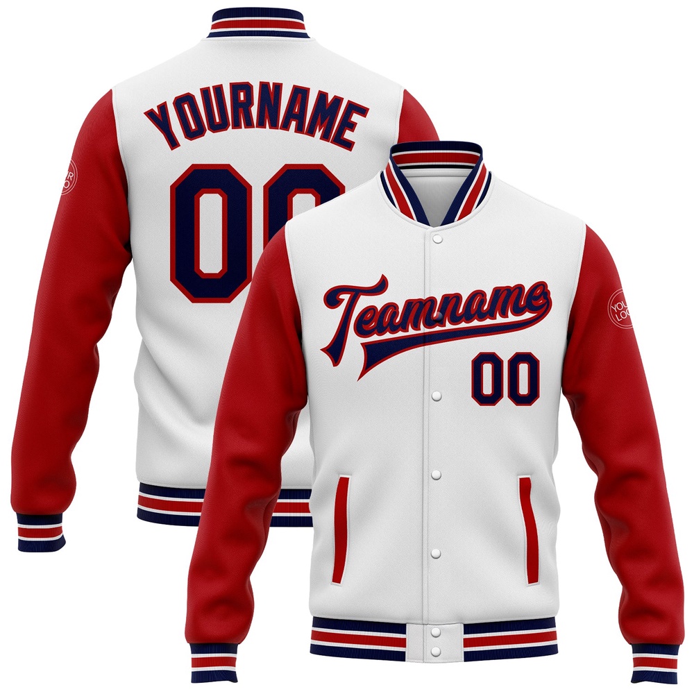 Custom White Navy Red Bomber Full Snap Varsity Baseball Jacket, Custom Team Jacket Custom White Navy Red Bomber Full Snap Varsity Baseball Jacket, Custom Team Jacket