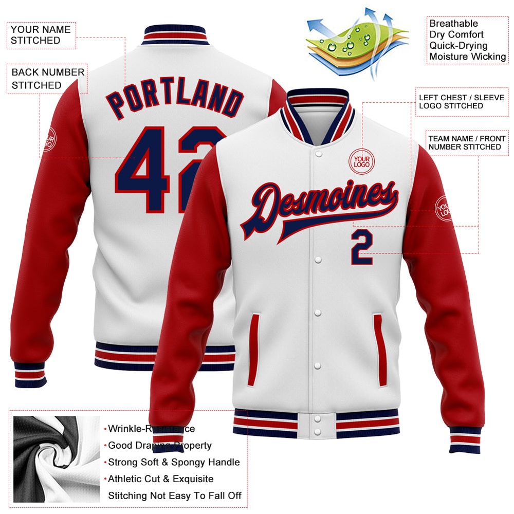 Custom White Navy Red Bomber Full Snap Varsity Baseball Jacket, Custom Team Jacket Custom White Navy Red Bomber Full Snap Varsity Baseball Jacket, Custom Team Jacket