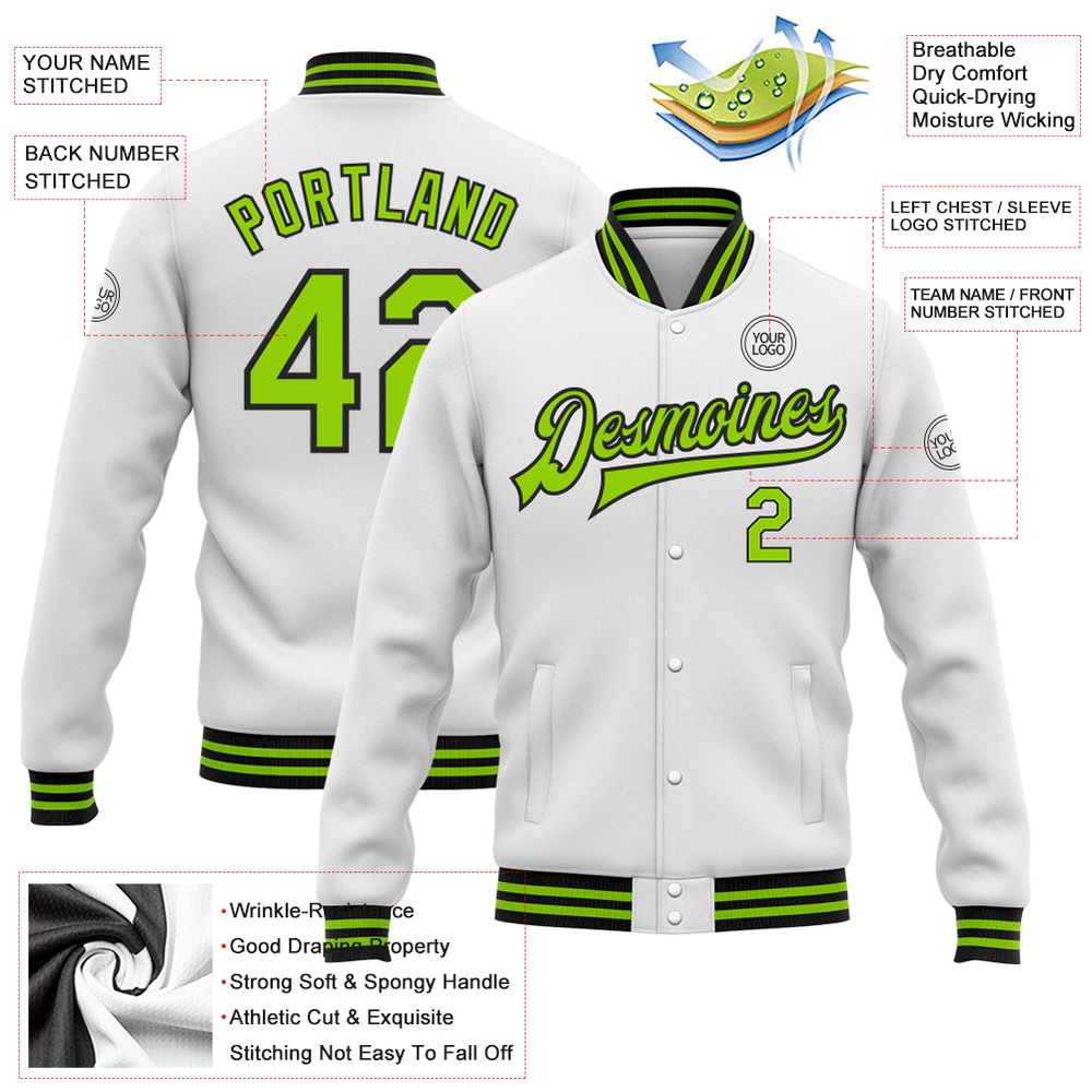 Custom White Neon Green Black Bomber Full Snap Baseball Jacket, Custom Team Jacket Custom White Neon Green Black Bomber Full Snap Baseball Jacket, Custom Team Jacket