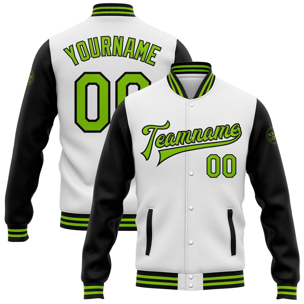 Custom White Neon Green Black Bomber Full Snap Varsity Baseball Jacket, Custom Team Jacket Custom White Neon Green Black Bomber Full Snap Varsity Baseball Jacket, Custom Team Jacket
