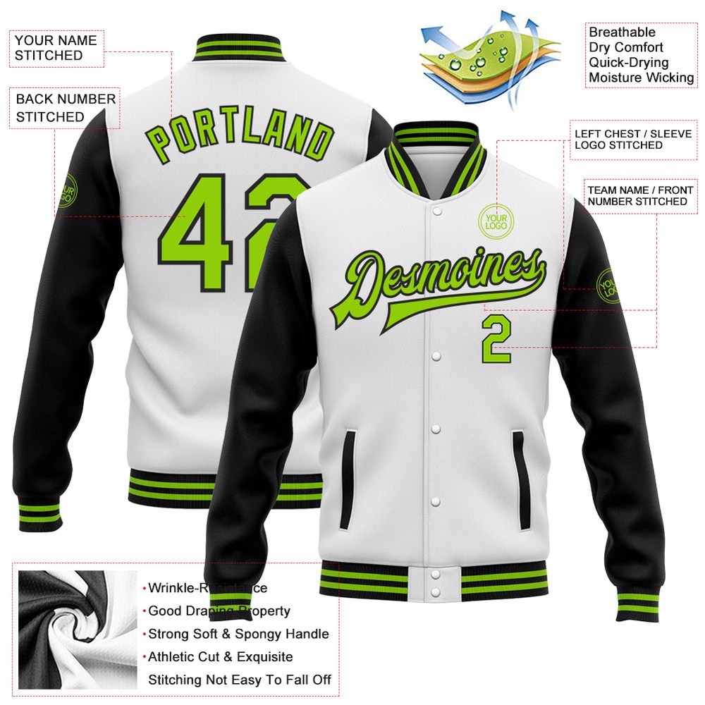 Custom White Neon Green Black Bomber Full Snap Varsity Baseball Jacket, Custom Team Jacket Custom White Neon Green Black Bomber Full Snap Varsity Baseball Jacket, Custom Team Jacket