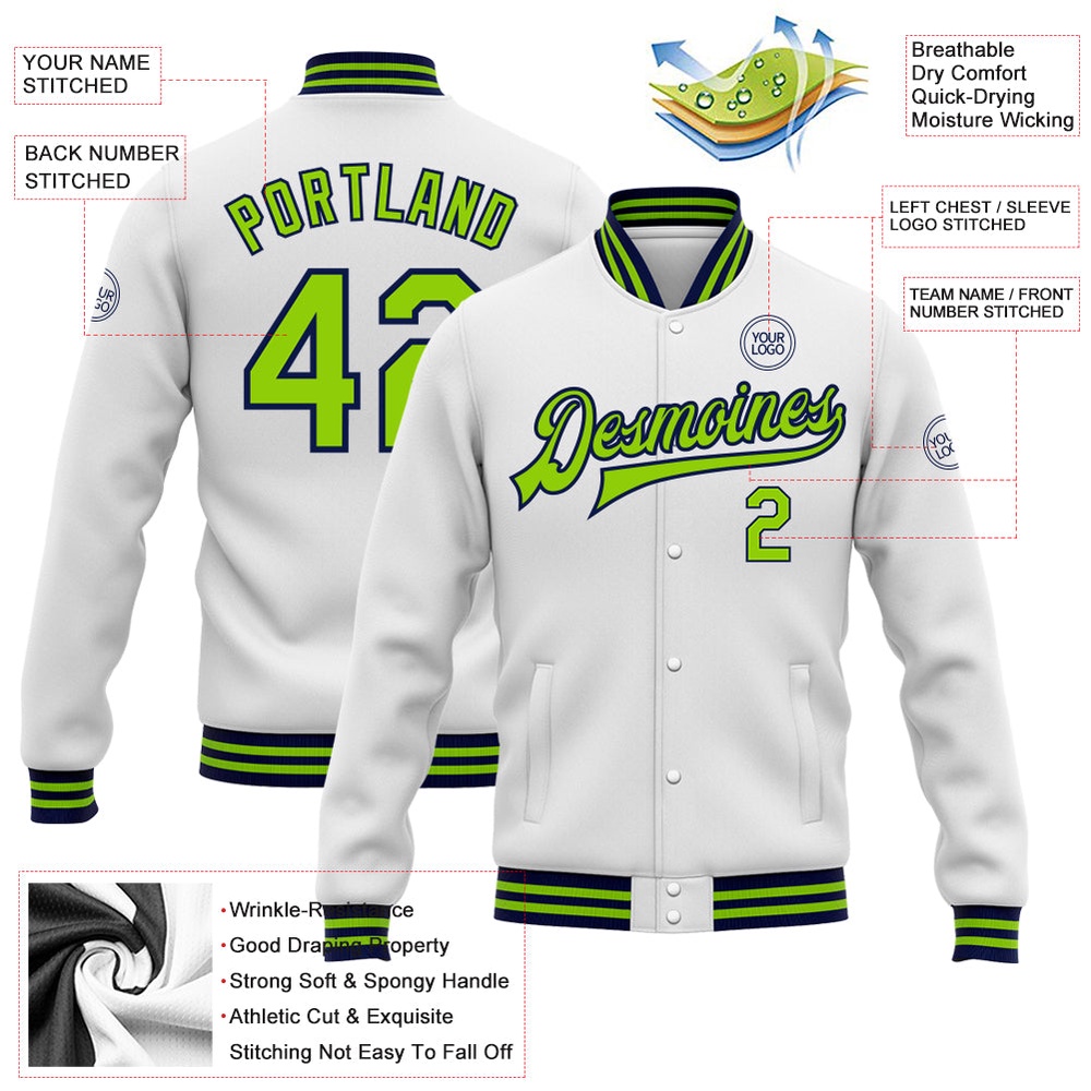 Custom White Neon Green Navy Bomber Full Snap Baseball Jacket, Custom Team Jacket Custom White Neon Green Navy Bomber Full Snap Baseball Jacket, Custom Team Jacket