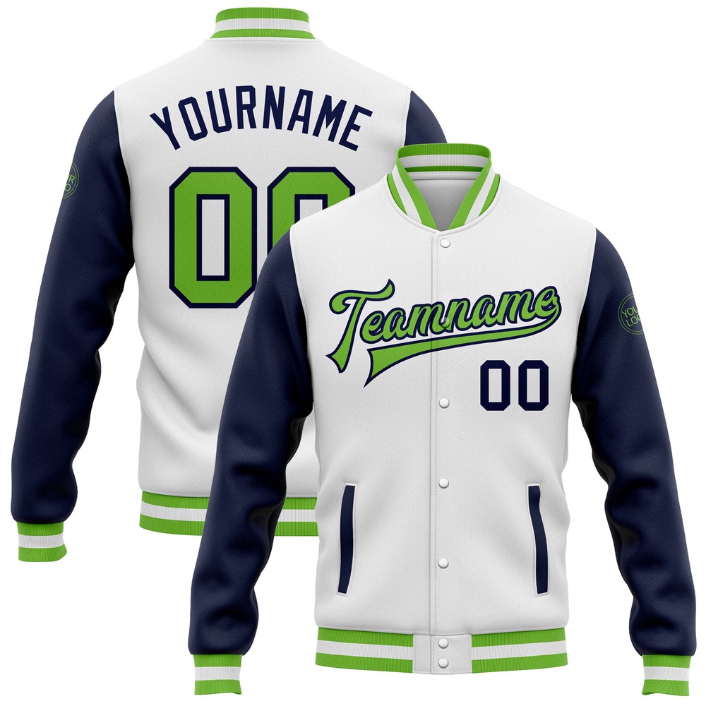 Custom White Neon Green Navy Bomber Full Snap Varsity Baseball Jacket, Custom Team Jacket