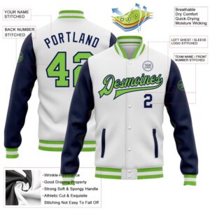 Custom White Neon Green Navy Bomber Full Snap Varsity Baseball Jacket Custom Team Jacket 2 qfwvx5.jpg