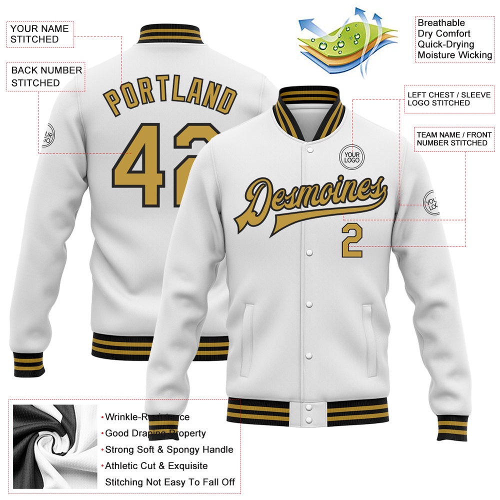 Custom White Old Gold Black Bomber Full Snap Baseball Jacket, Custom Team Jacket Custom White Old Gold Black Bomber Full Snap Baseball Jacket, Custom Team Jacket