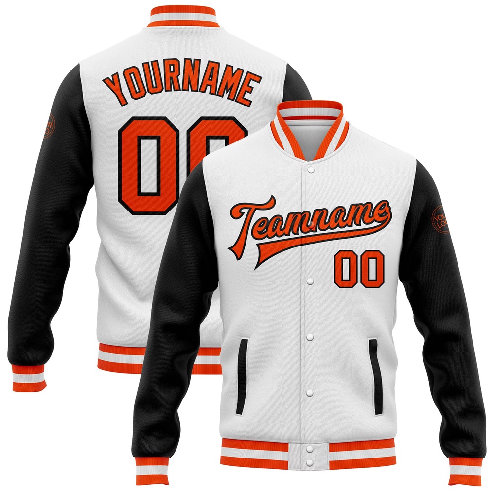 Custom White Orange Black Bomber Full Snap Varsity Baseball Jacket, Custom Team Jacket Custom White Orange Black Bomber Full Snap Varsity Baseball Jacket, Custom Team Jacket