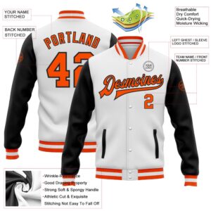 Custom White Orange Black Bomber Full Snap Varsity Baseball Jacket Custom Team Jacket 2 qoxenx.jpg
