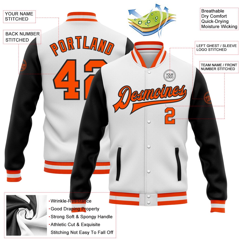 Custom White Orange Black Bomber Full Snap Varsity Baseball Jacket, Custom Team Jacket Custom White Orange Black Bomber Full Snap Varsity Baseball Jacket, Custom Team Jacket