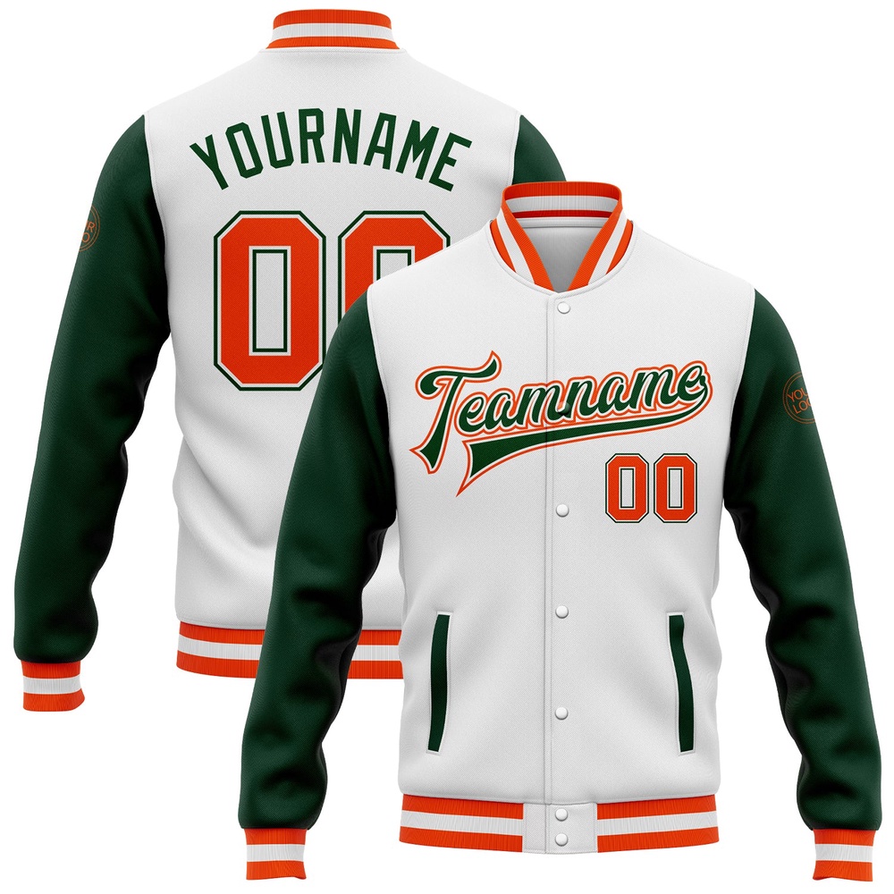 Custom White Orange Green Bomber Full Snap Varsity Baseball Jacket, Custom Team Jacket Custom White Orange Green Bomber Full Snap Varsity Baseball Jacket, Custom Team Jacket