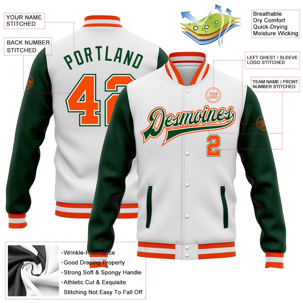 Custom White Orange Green Bomber Full Snap Varsity Baseball Jacket, Custom Team Jacket Custom White Orange Green Bomber Full Snap Varsity Baseball Jacket, Custom Team Jacket