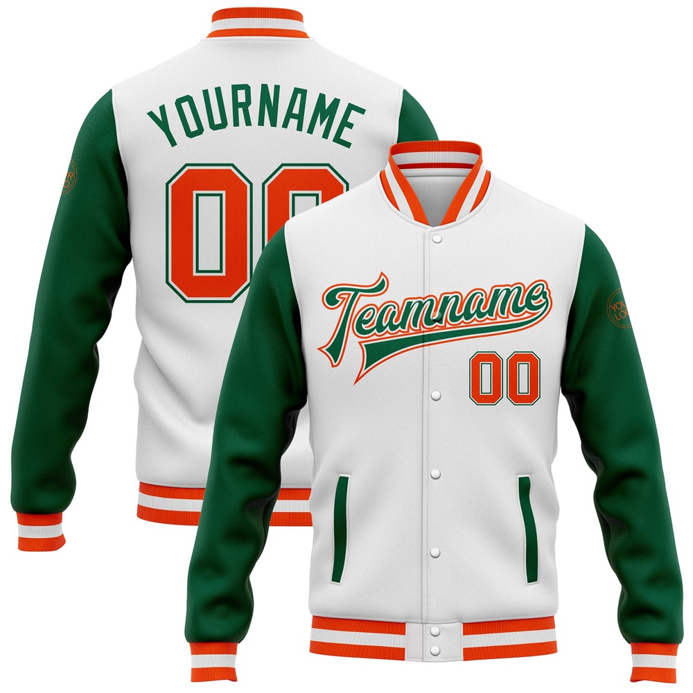 Custom White Orange Kelly Green Bomber Full Snap Varsity Baseball Jacket, Custom Team Jacket Custom White Orange Kelly Green Bomber Full Snap Varsity Baseball Jacket, Custom Team Jacket