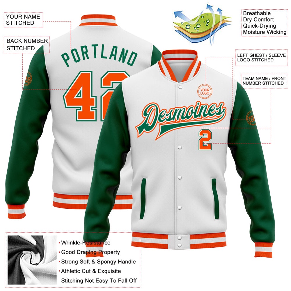 Custom White Orange Kelly Green Bomber Full Snap Varsity Baseball Jacket, Custom Team Jacket Custom White Orange Kelly Green Bomber Full Snap Varsity Baseball Jacket, Custom Team Jacket