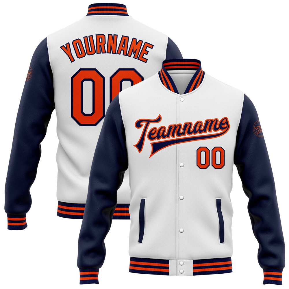 Custom White Orange Navy Bomber Full Snap Varsity Baseball Jacket, Custom Team Jacket Custom White Orange Navy Bomber Full Snap Varsity Baseball Jacket, Custom Team Jacket