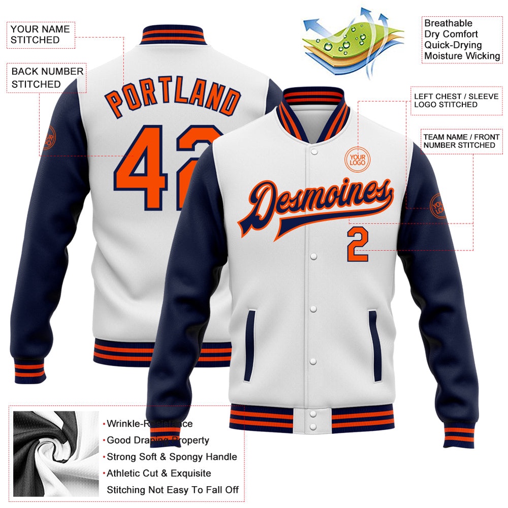 Custom White Orange Navy Bomber Full Snap Varsity Baseball Jacket, Custom Team Jacket Custom White Orange Navy Bomber Full Snap Varsity Baseball Jacket, Custom Team Jacket