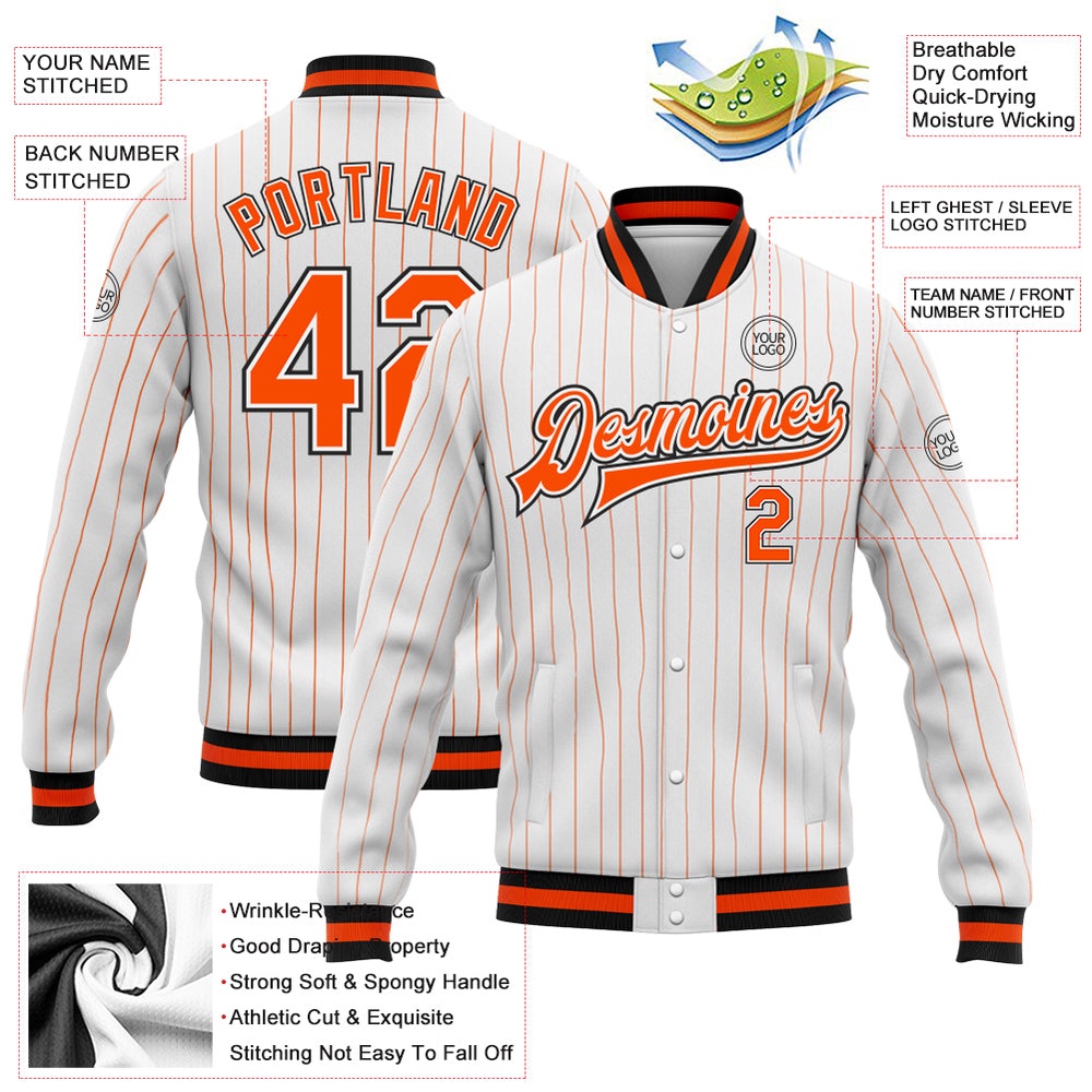 Custom White Orange Pinstripe Orange Black Bomber Full Snap Baseball Jacket, Custom Team Jacket